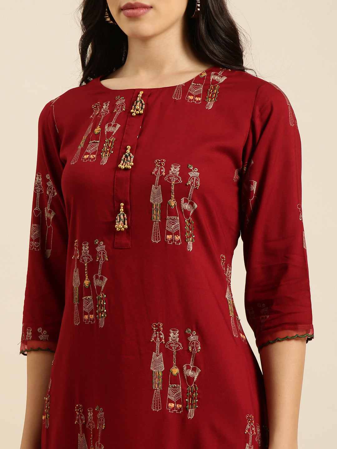 Women Straight Maroon Tribal Kurta and Patiala Set