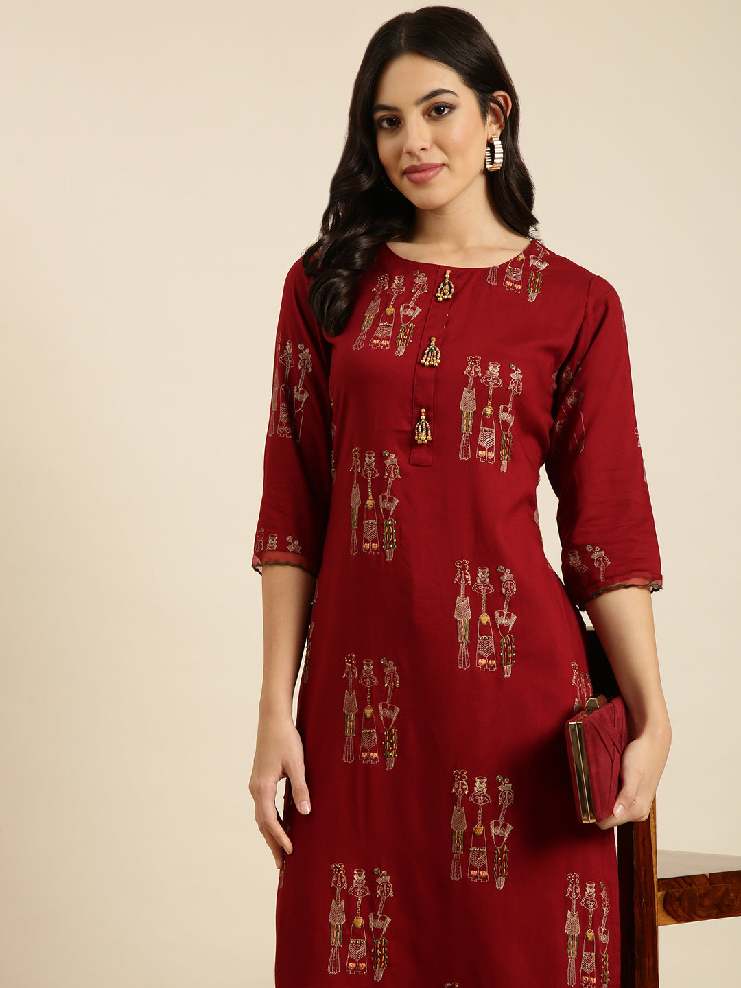 Women Straight Maroon Tribal Kurta and Patiala Set