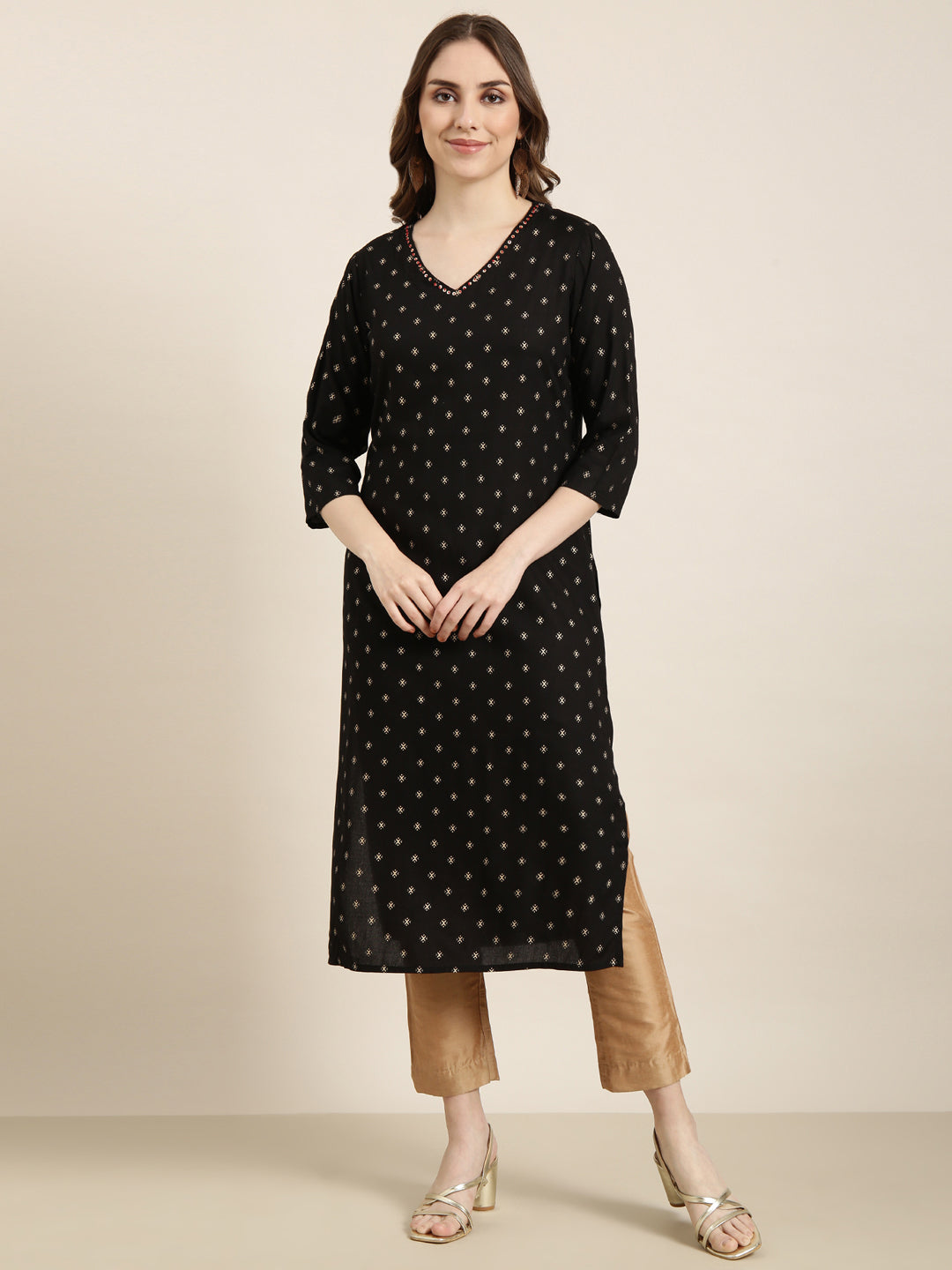 Women Straight Black Geometric Kurta