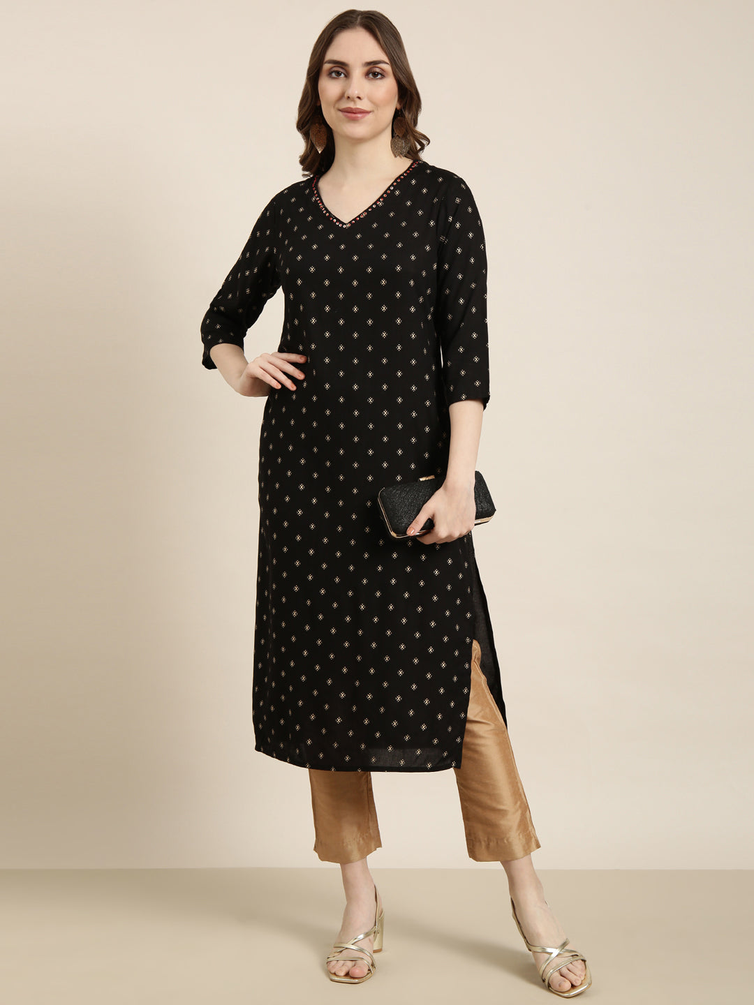 Women Straight Black Geometric Kurta