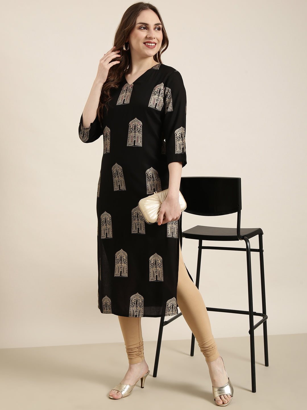 Women Straight Black Ethnic Motifs Kurta