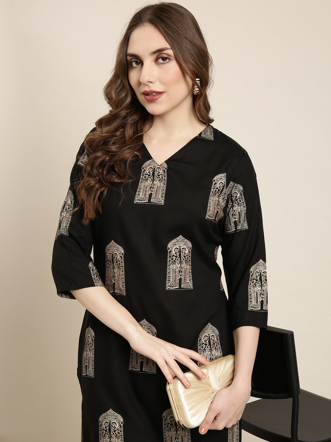 Women Straight Black Ethnic Motifs Kurta