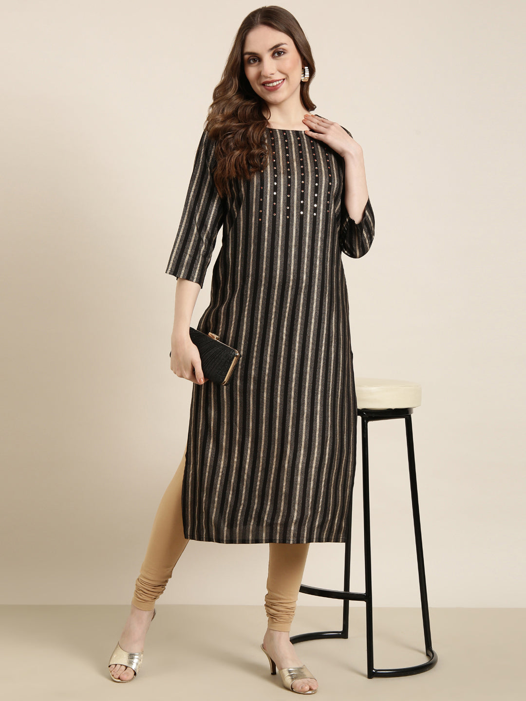 Women Straight Black Striped Kurta