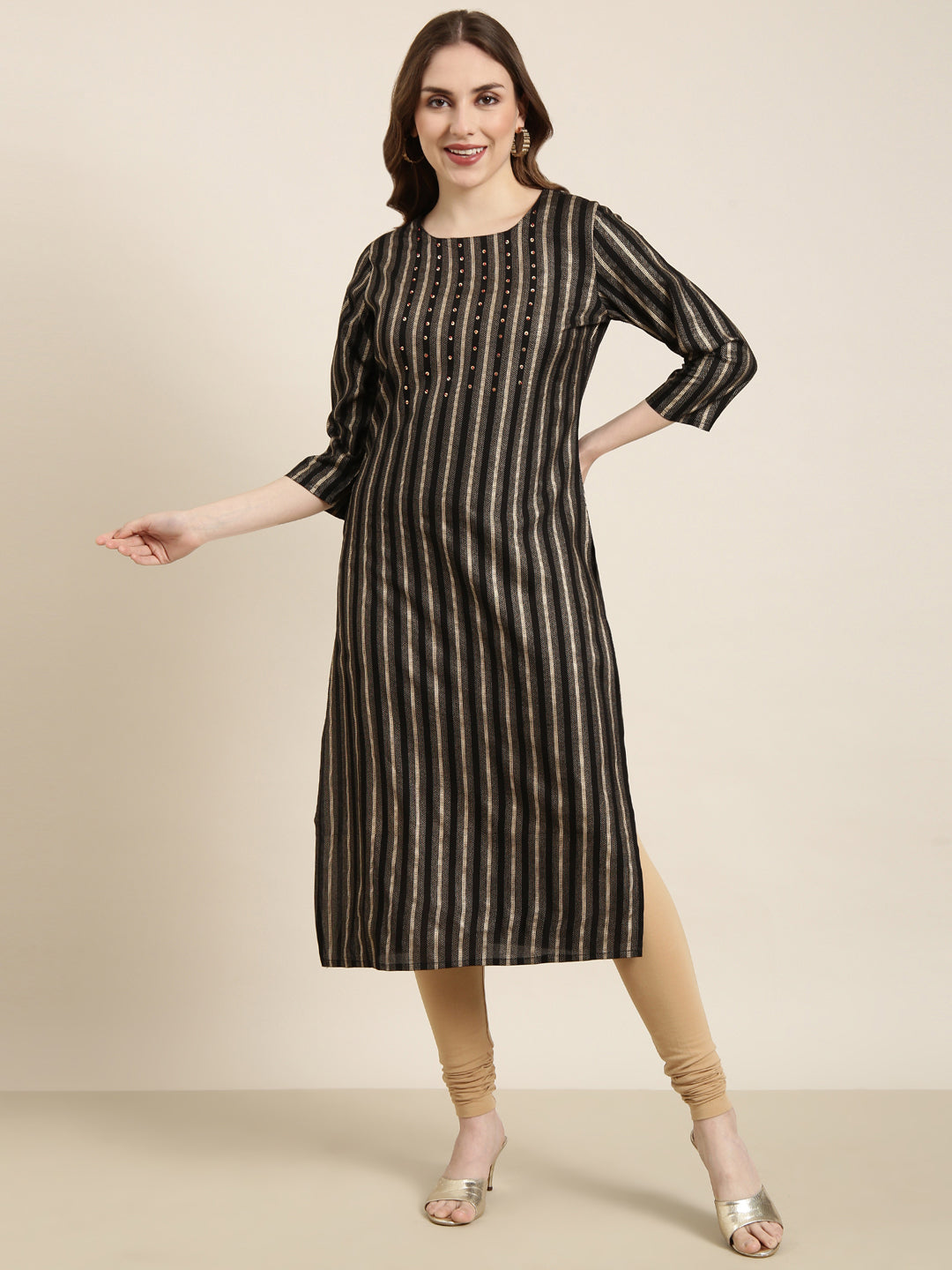 Women Straight Black Striped Kurta