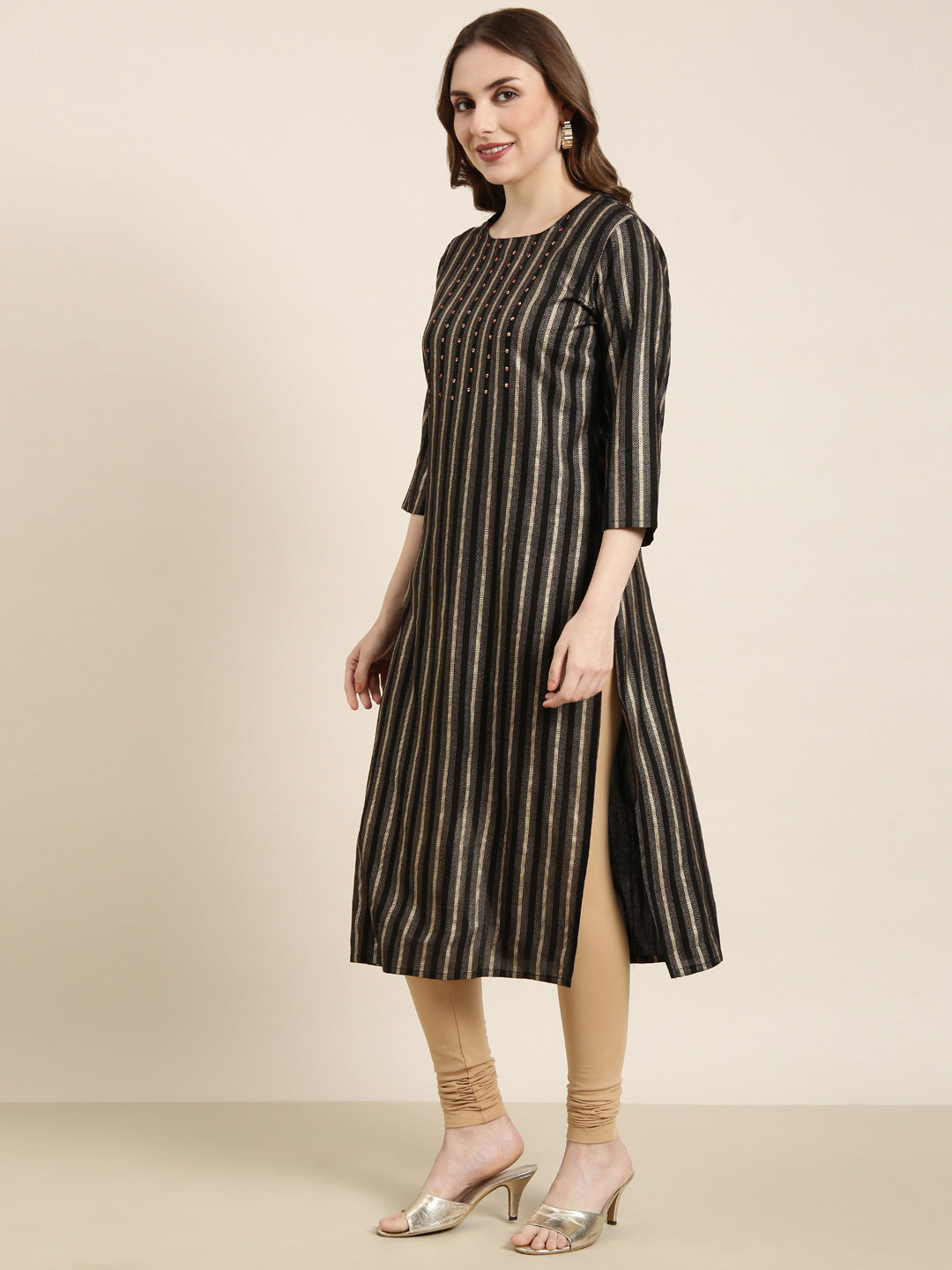 Women Straight Black Striped Kurta