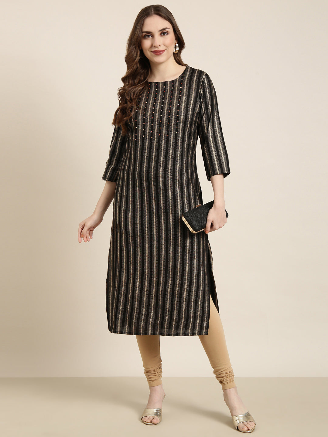 Women Straight Black Striped Kurta