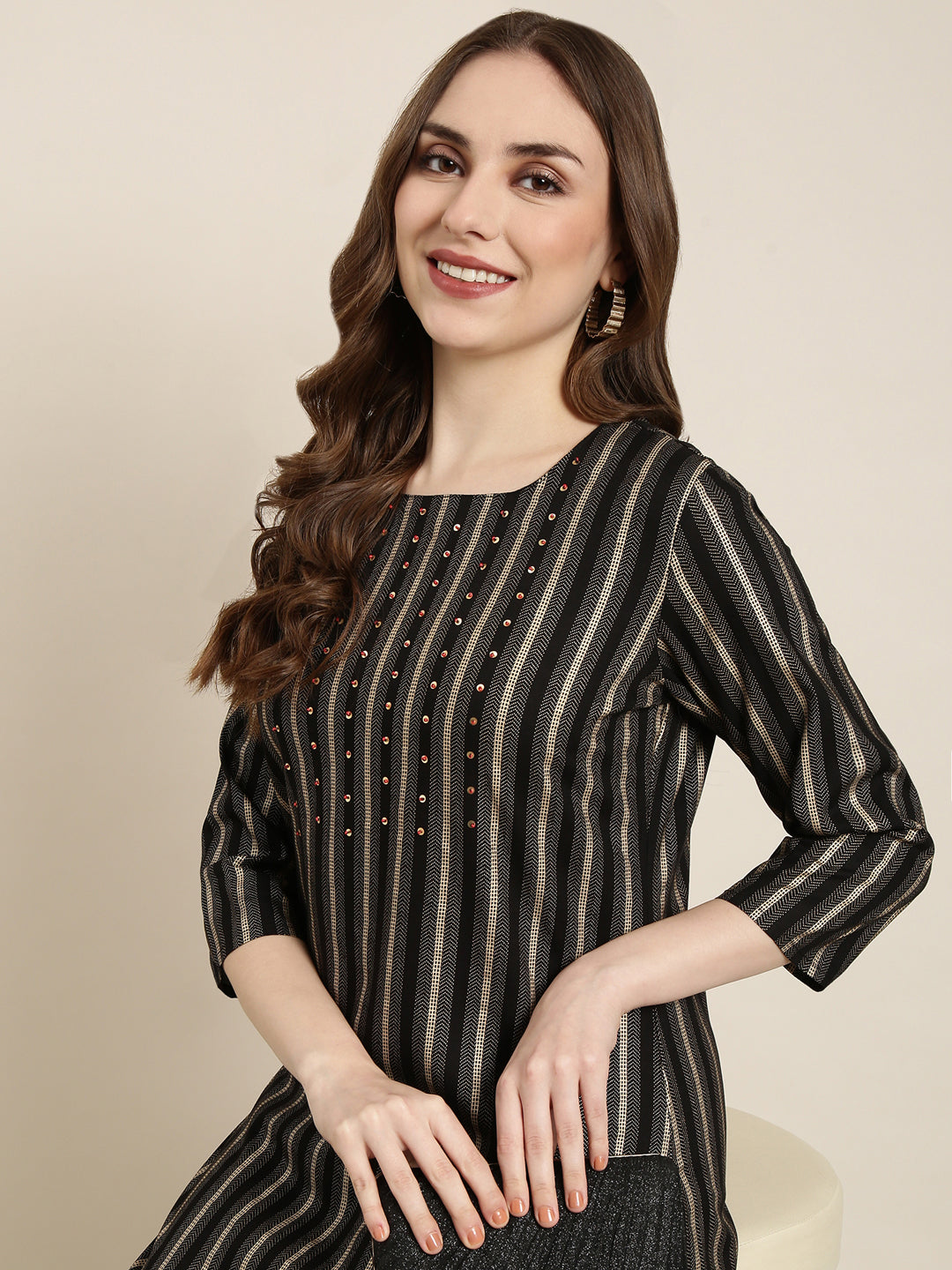 Women Straight Black Striped Kurta