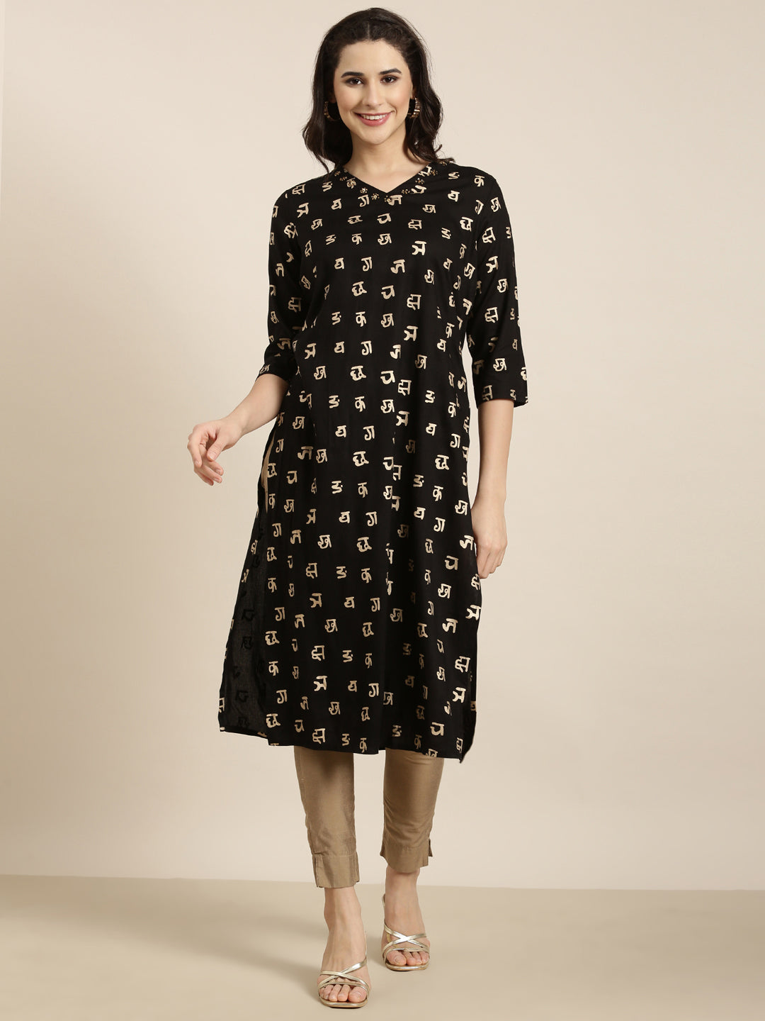 Women Straight Black Ethnic Motifs Kurta