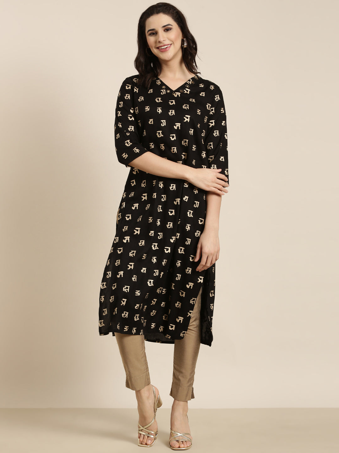 Women Straight Black Ethnic Motifs Kurta