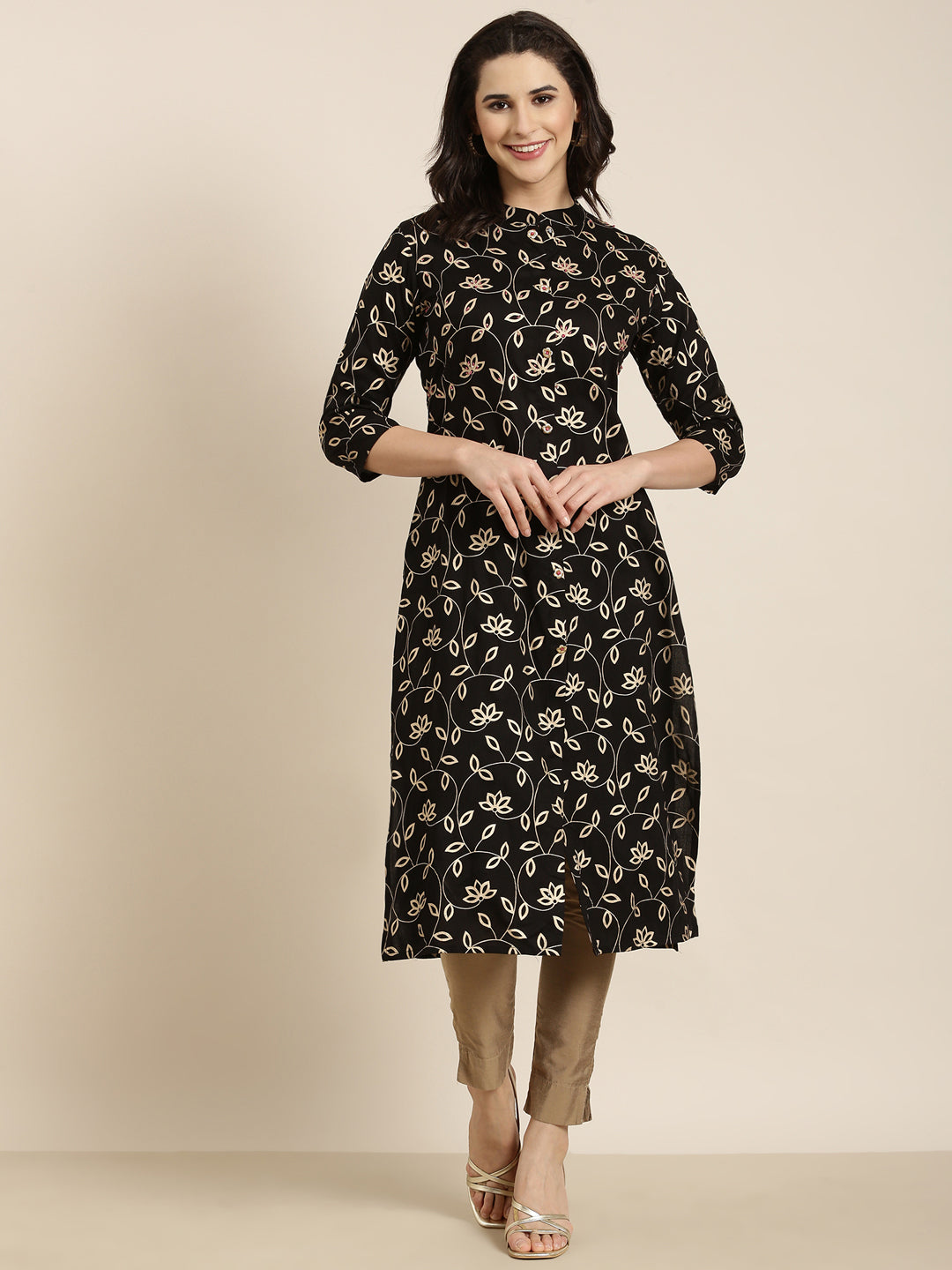 Women Straight Black Floral Kurta