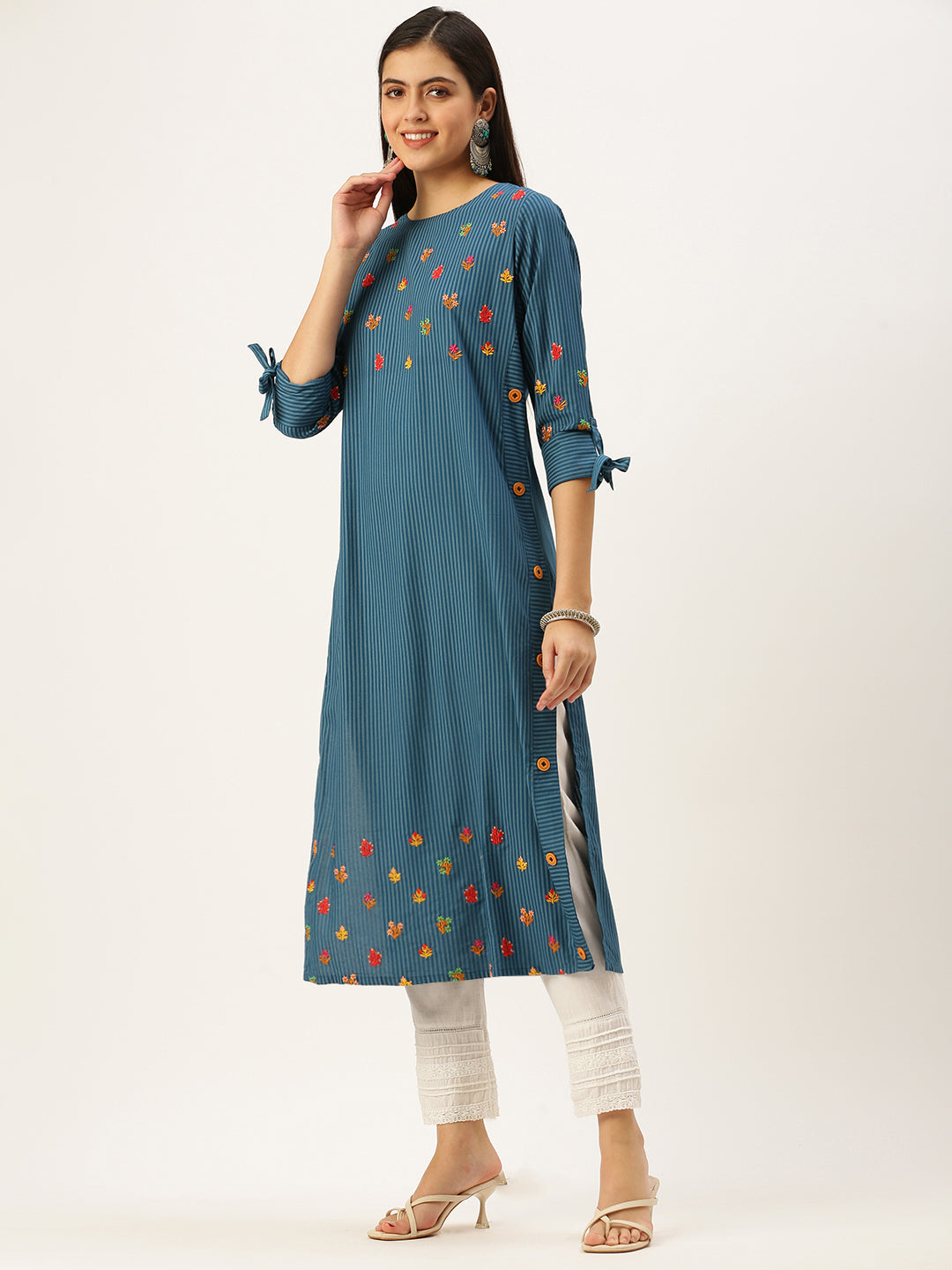 Women's Blue Embroidered Straight Kurtas