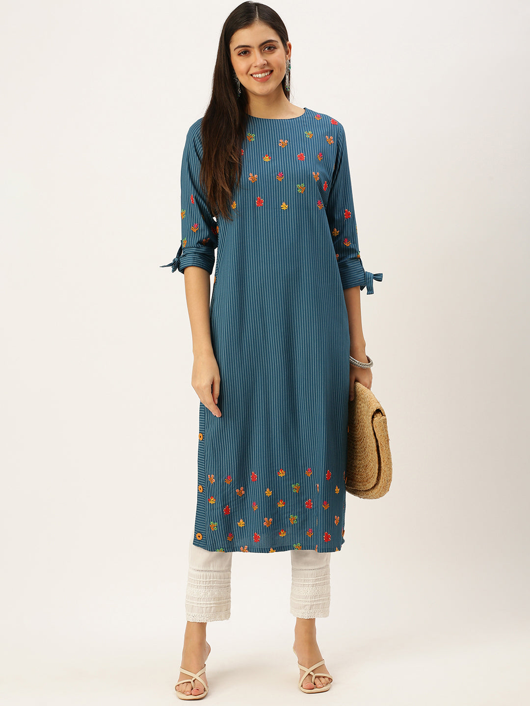 Women's Blue Embroidered Straight Kurtas