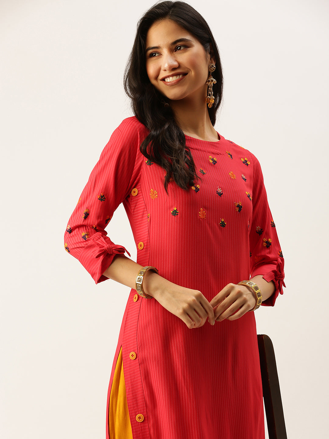 Women's Red Embroidered Straight Kurtas