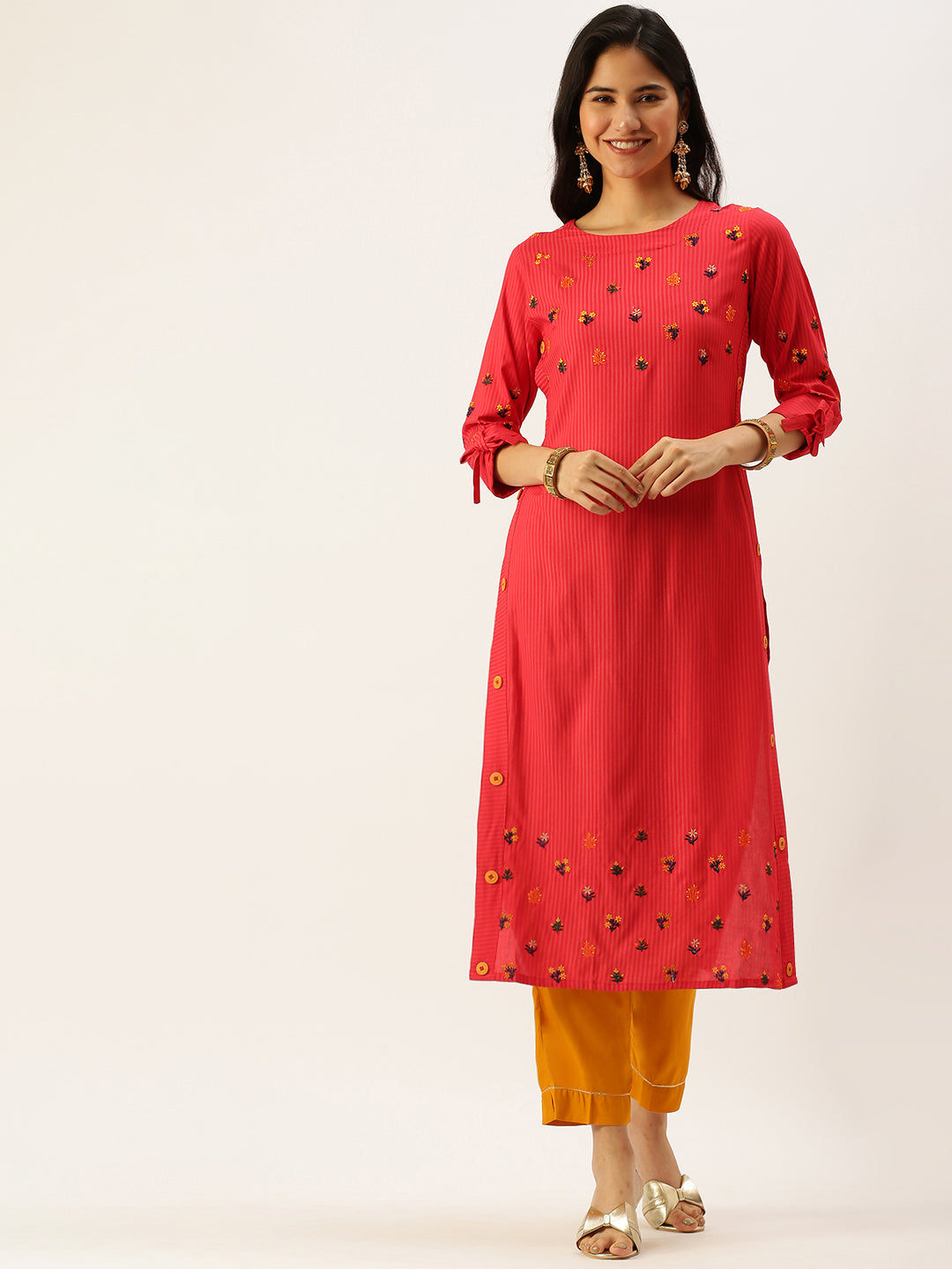 Women's Red Embroidered Straight Kurtas