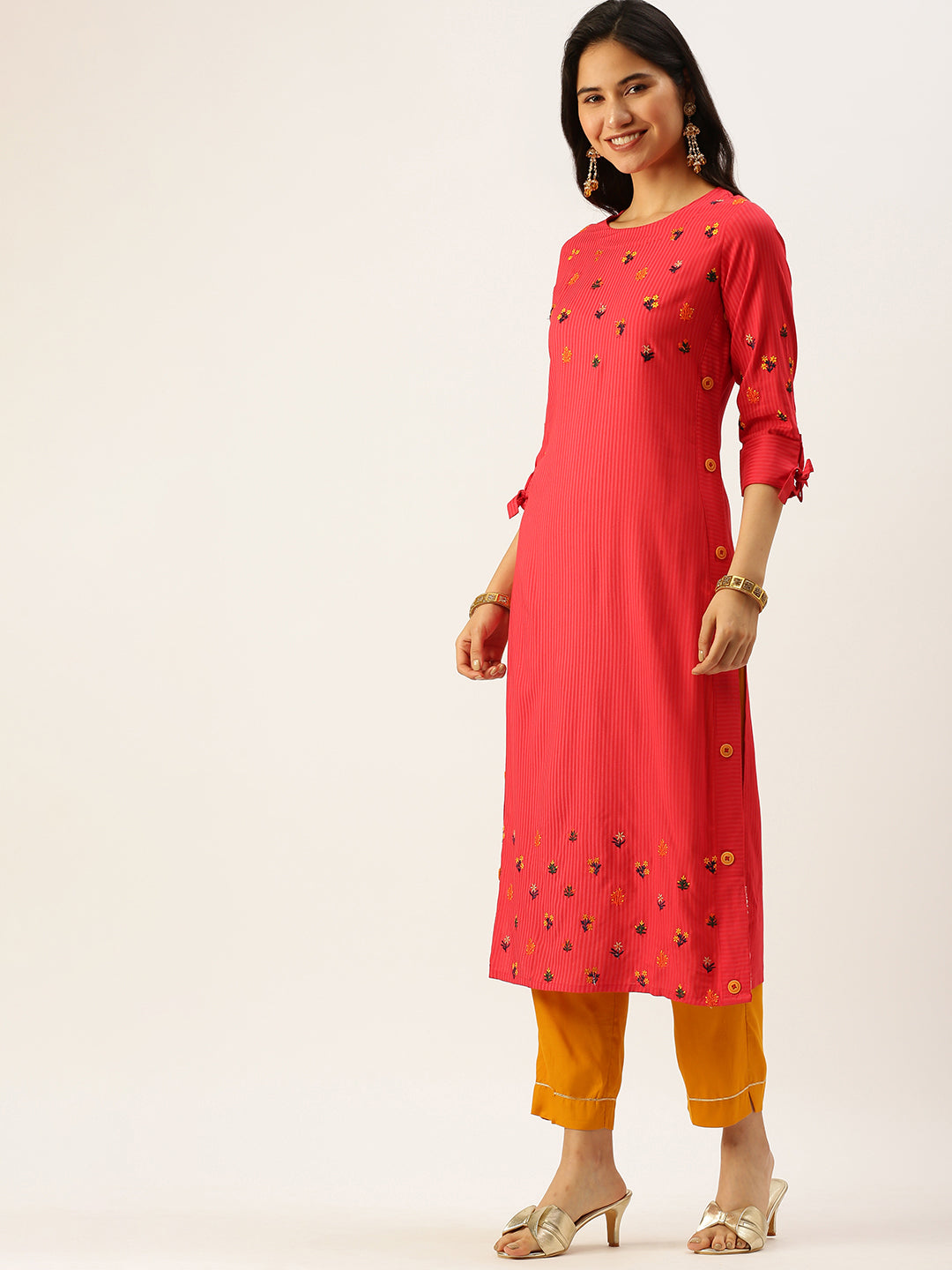 Women's Red Embroidered Straight Kurtas