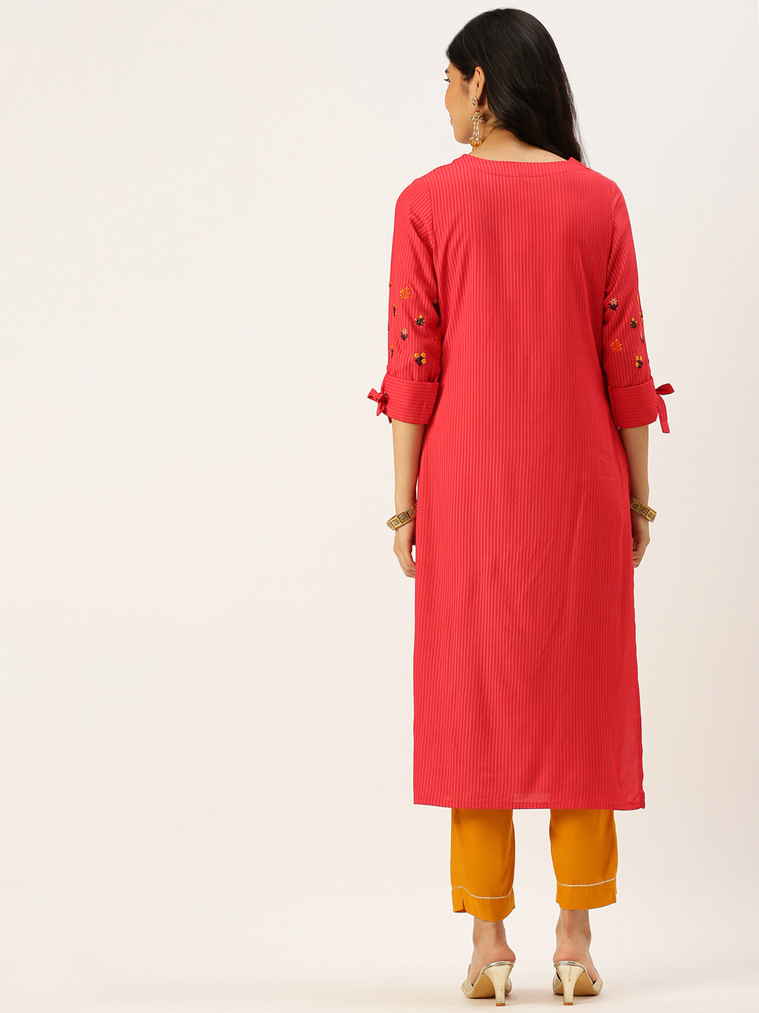 Women's Red Embroidered Straight Kurtas