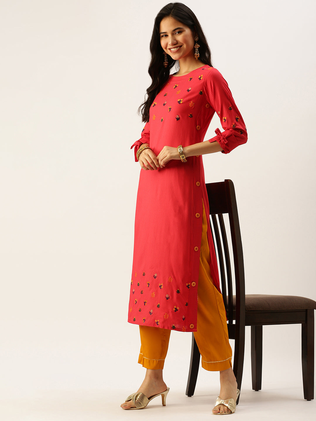 Women's Red Embroidered Straight Kurtas