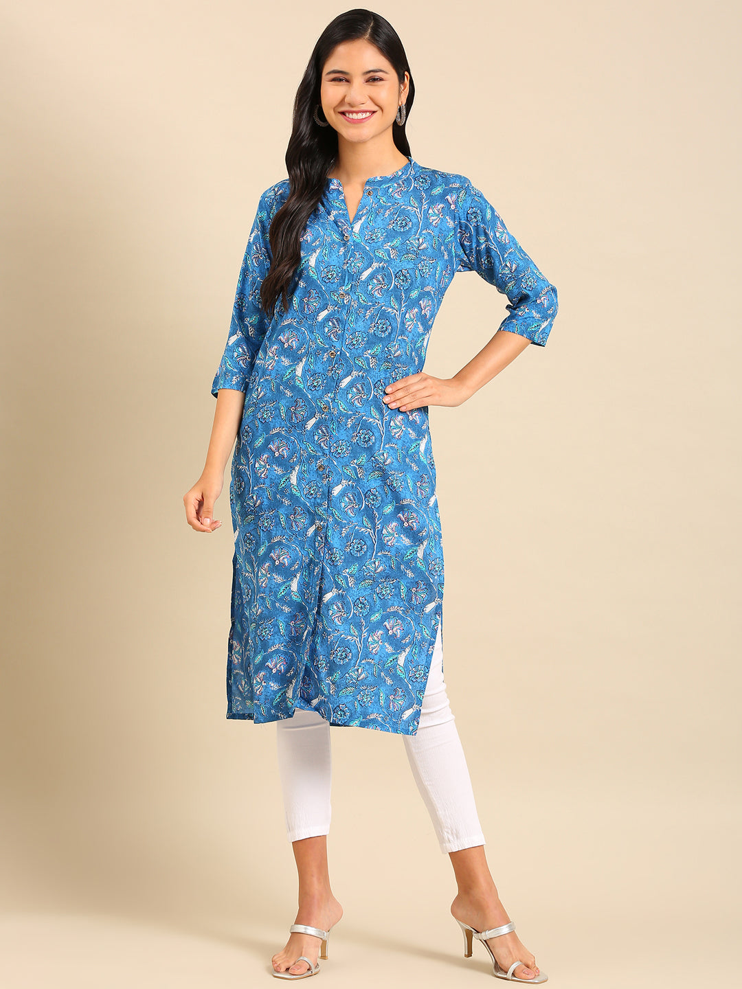 Women's Blue Printed Straight Kurta