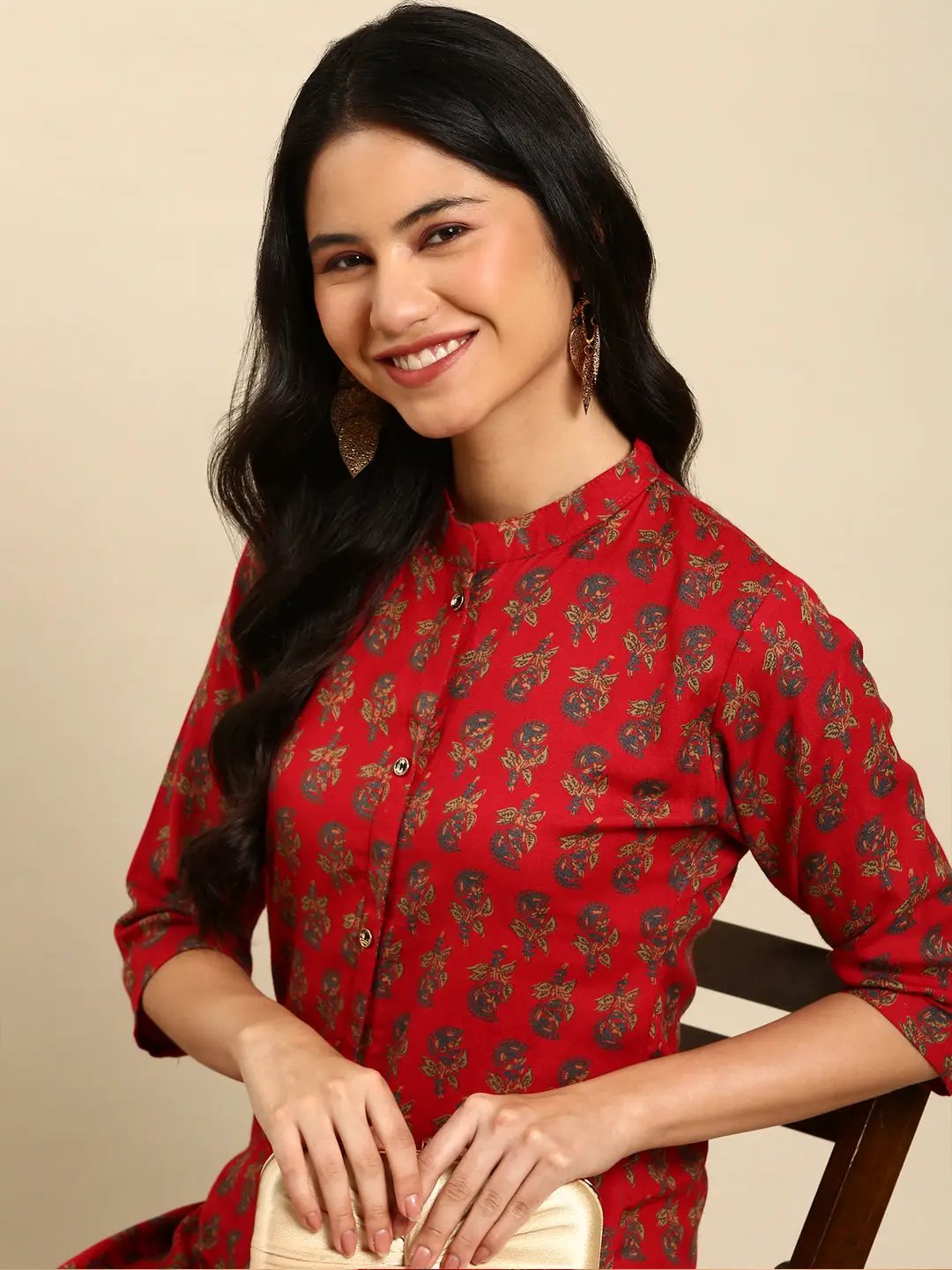 Women's Red Printed Straight Kurta