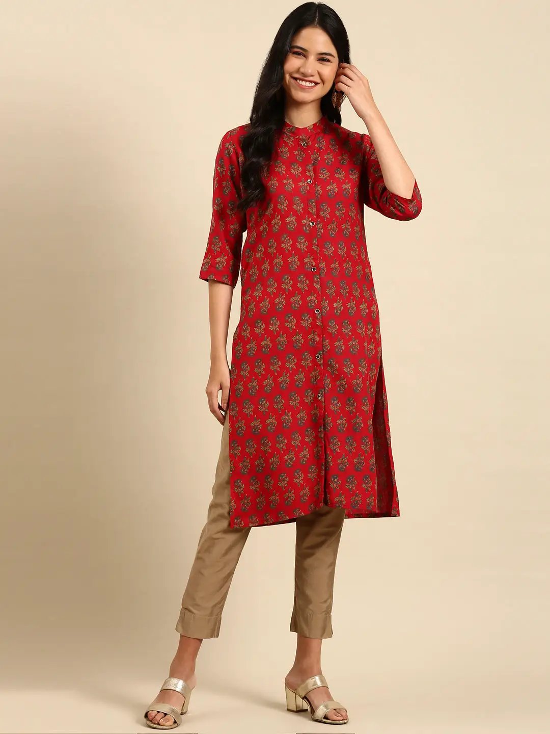 Women's Red Printed Straight Kurta