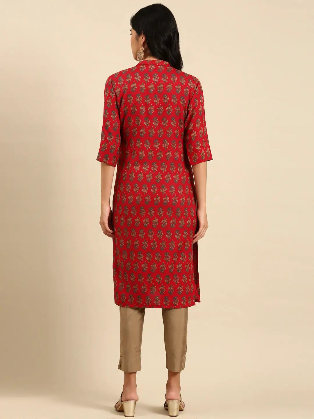 Women's Red Printed Straight Kurta