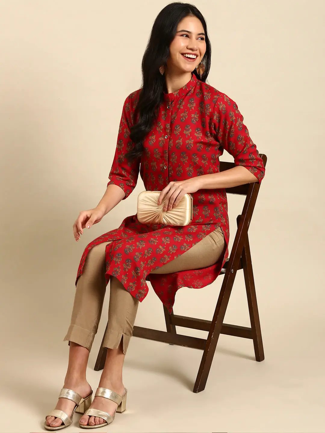 Women's Red Printed Straight Kurta