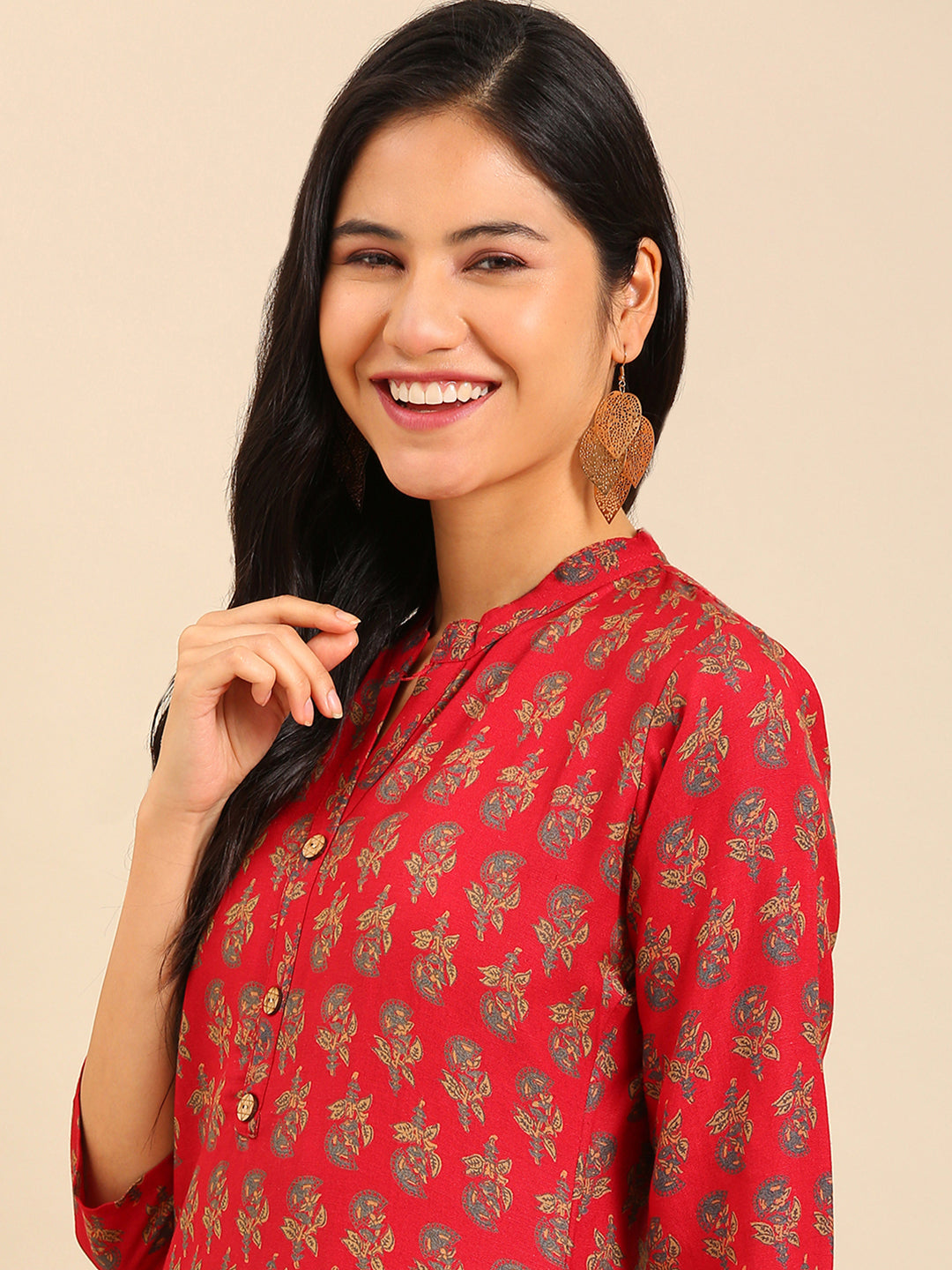 Women's Red Printed Straight Kurta