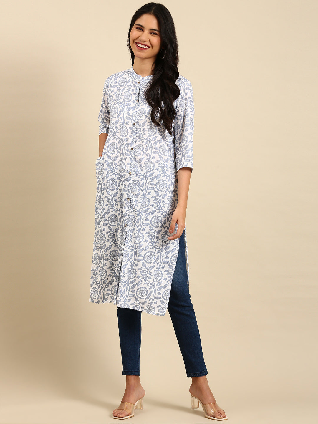 Women's White Printed Straight Kurta