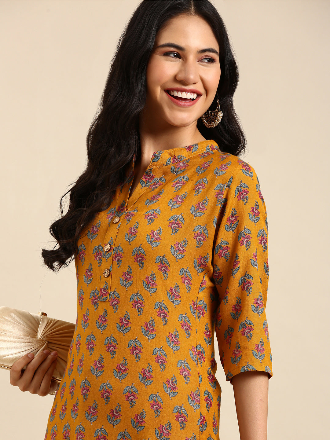 Women's Mustard Printed Straight Kurta