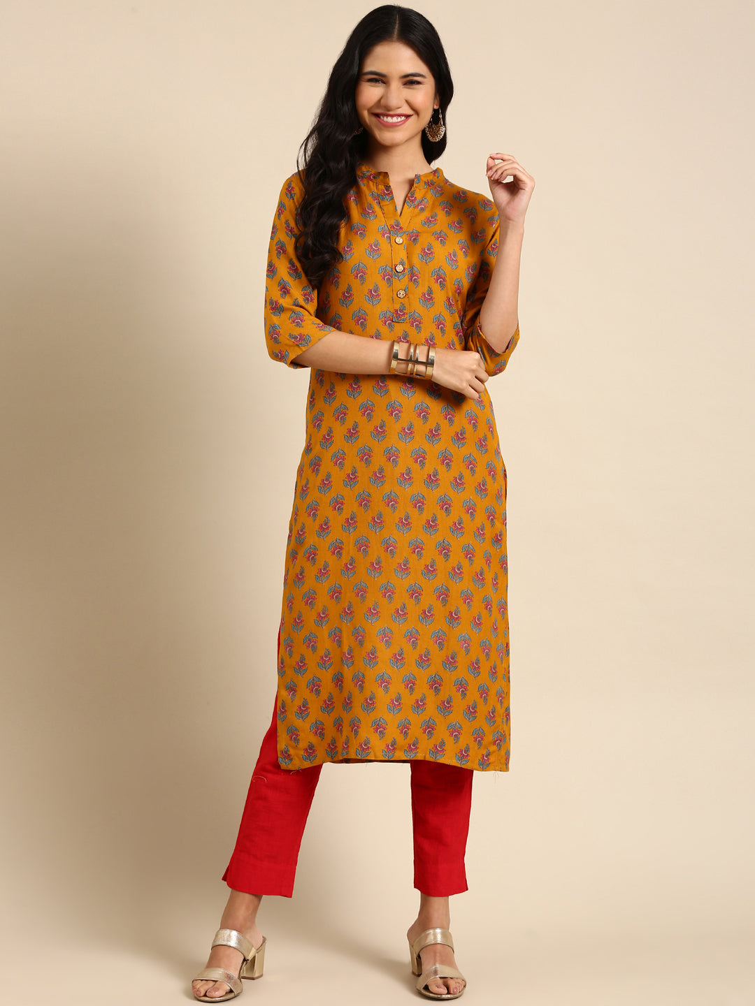 Women's Mustard Printed Straight Kurta