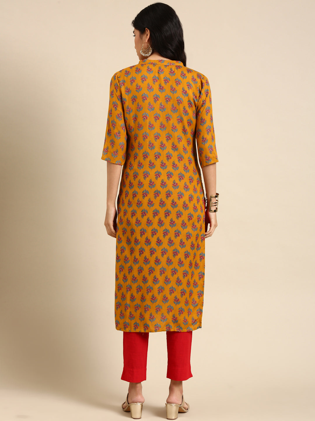 Women's Mustard Printed Straight Kurta