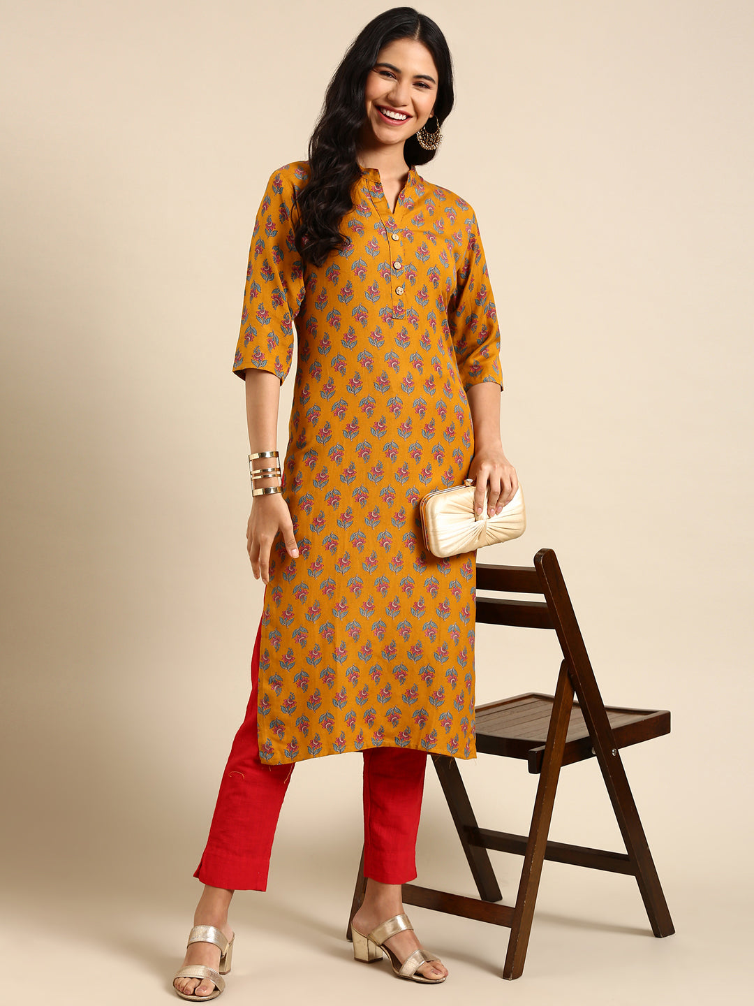 Women's Mustard Printed Straight Kurta