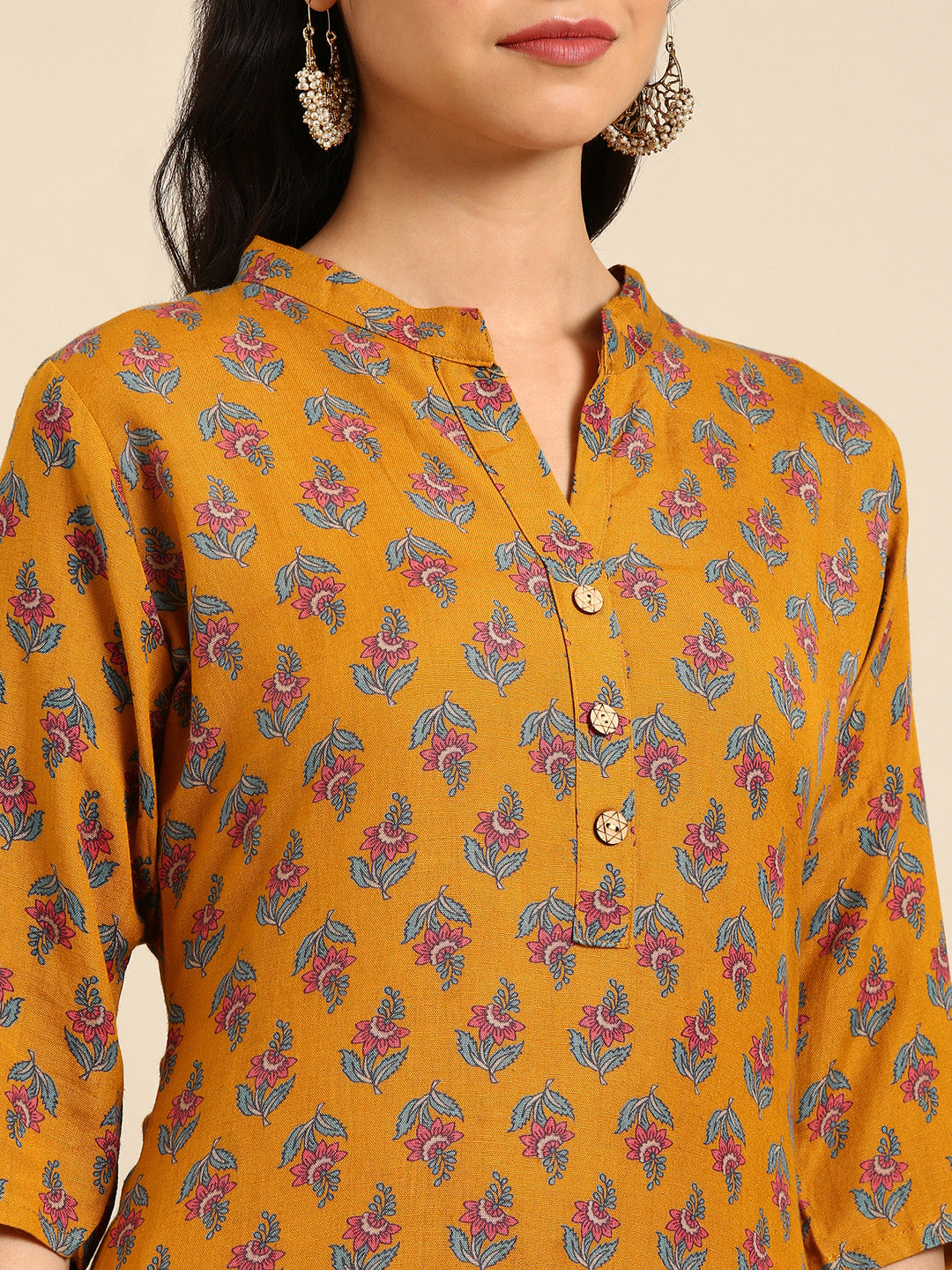 Women's Mustard Printed Straight Kurta