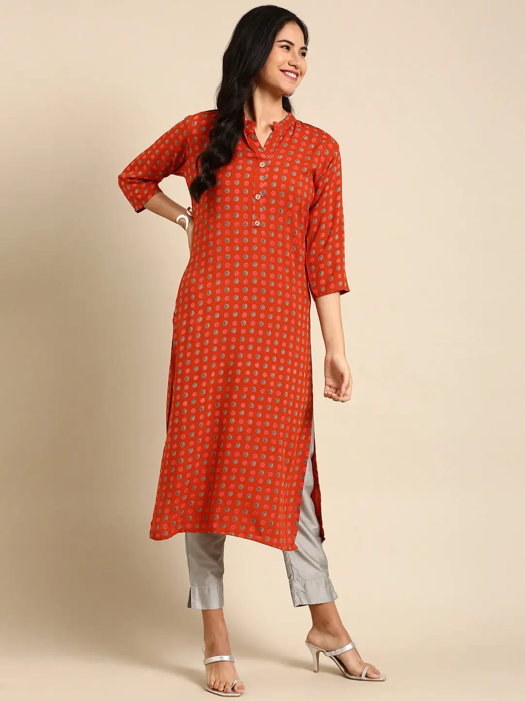 Women's Orange Printed Straight Kurta