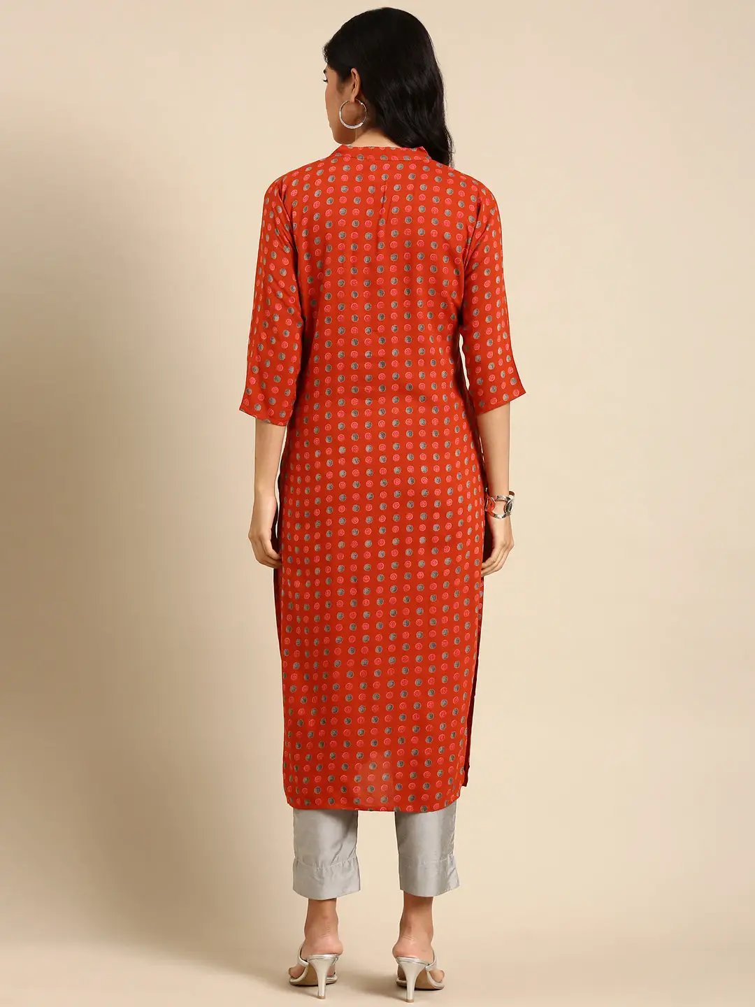 Women's Orange Printed Straight Kurta