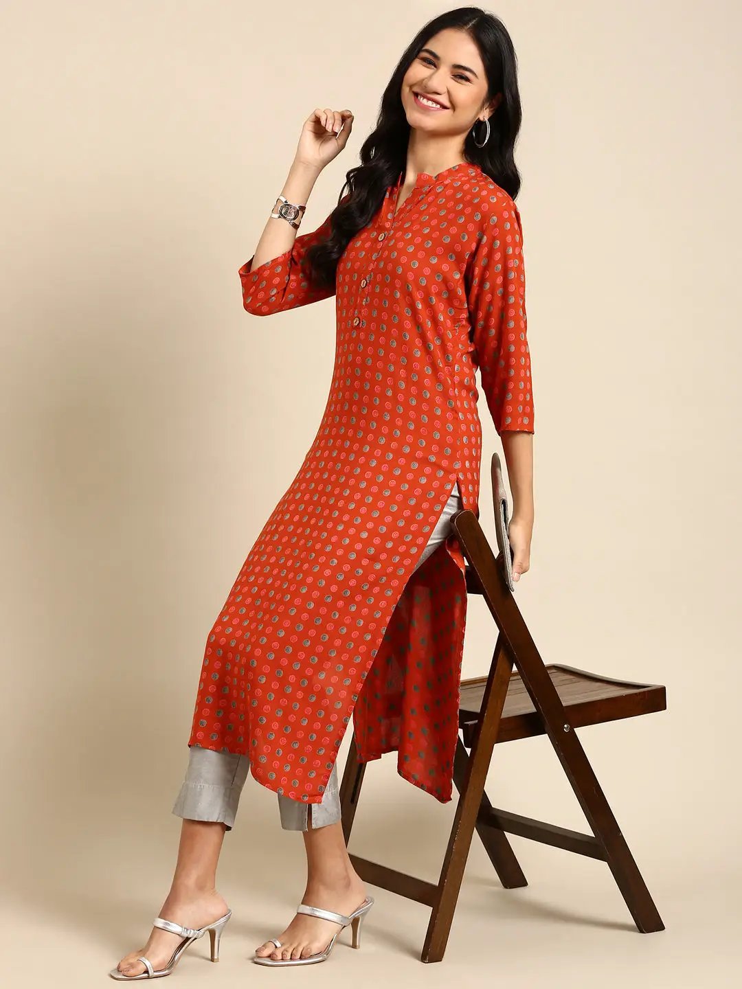 Women's Orange Printed Straight Kurta