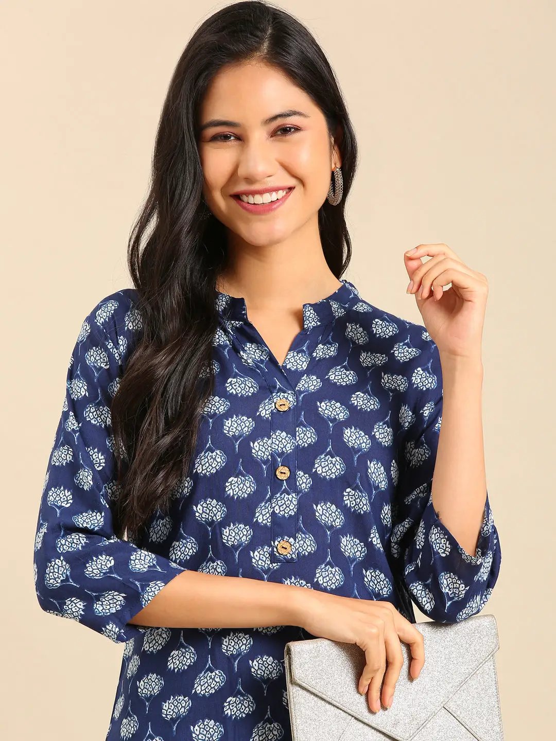 Women's Navy Blue Printed Straight Kurta