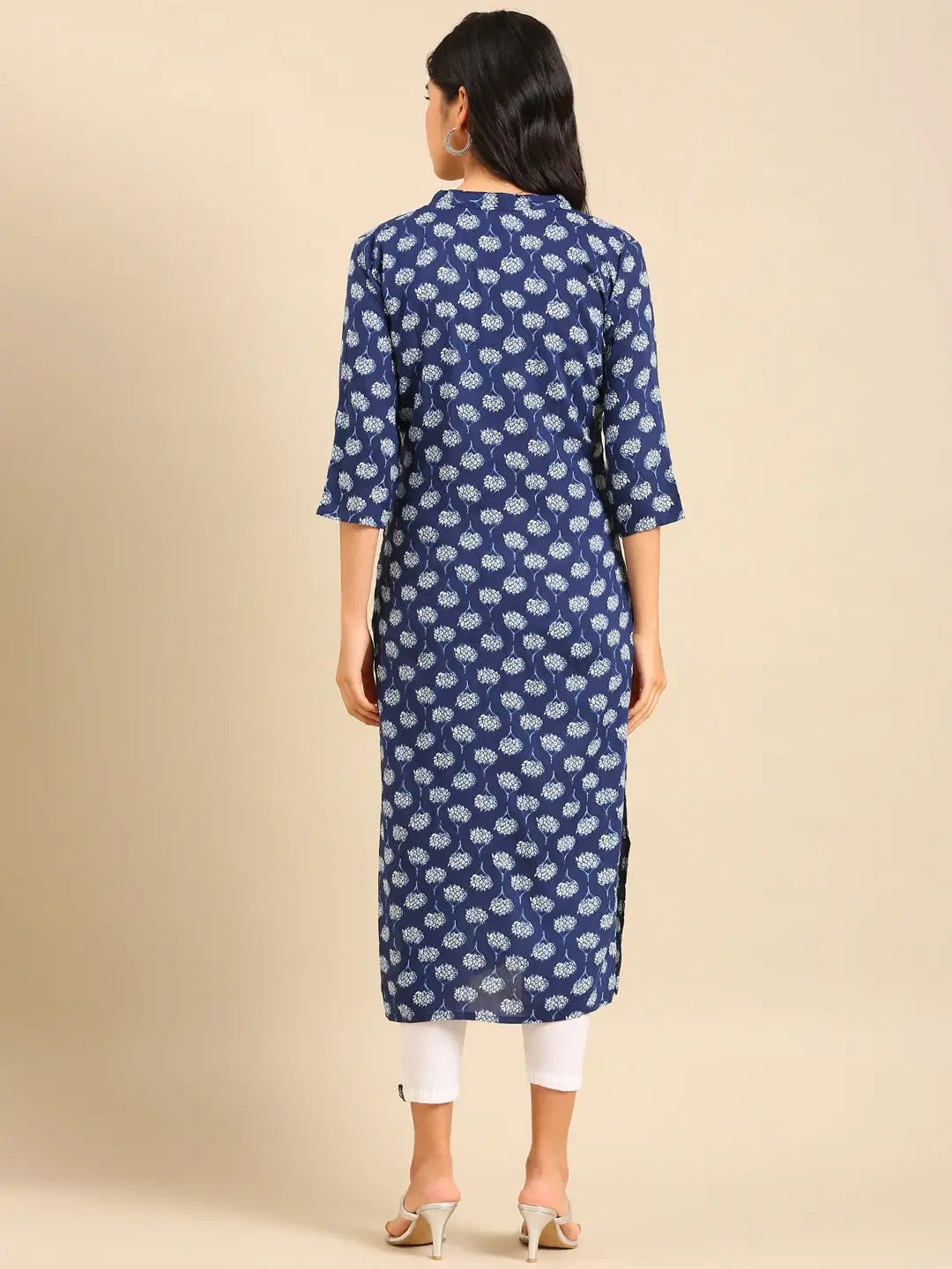 Women's Navy Blue Printed Straight Kurta