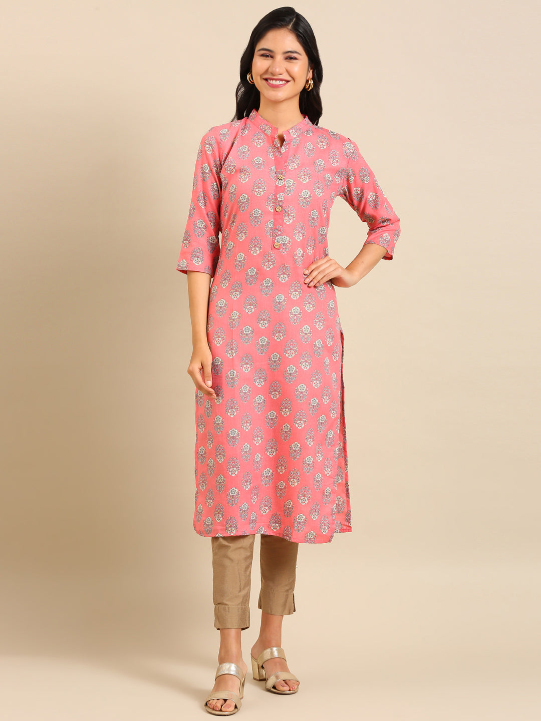 Women's Pink Printed Straight Kurta