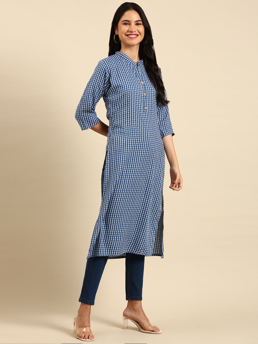 Women's Blue Printed Straight Kurta