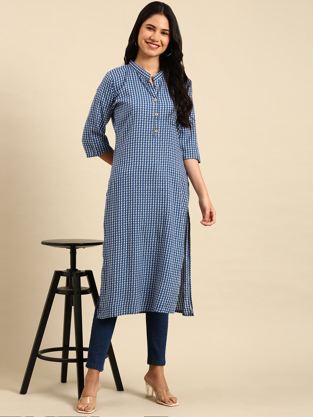 Women's Blue Printed Straight Kurta