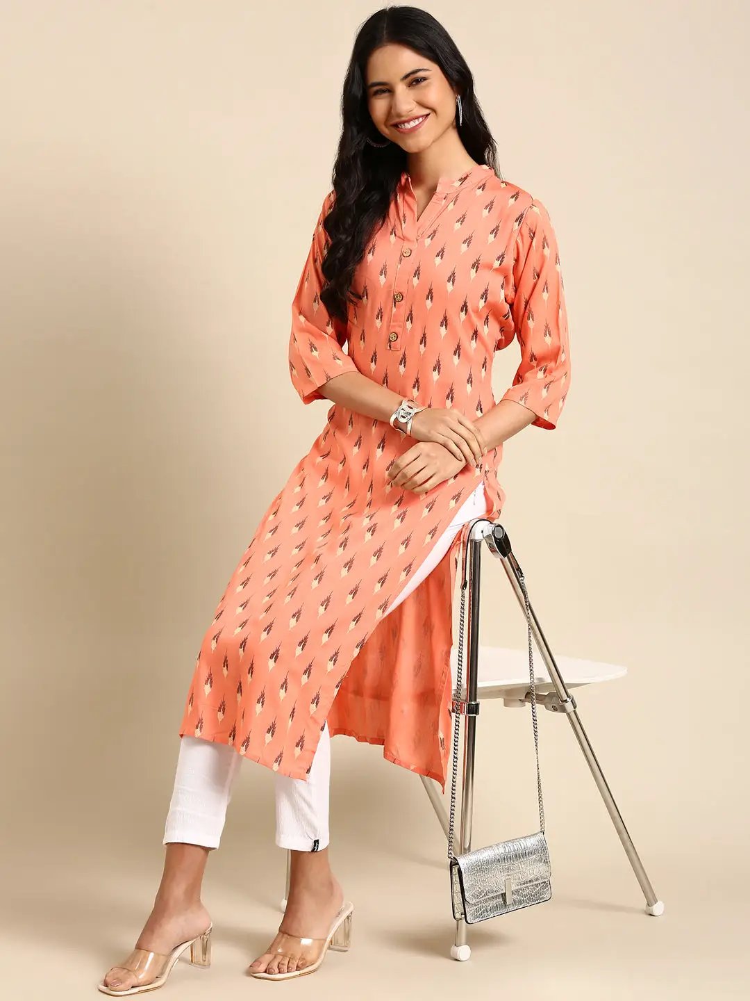 Women's Pink Printed Straight Kurta