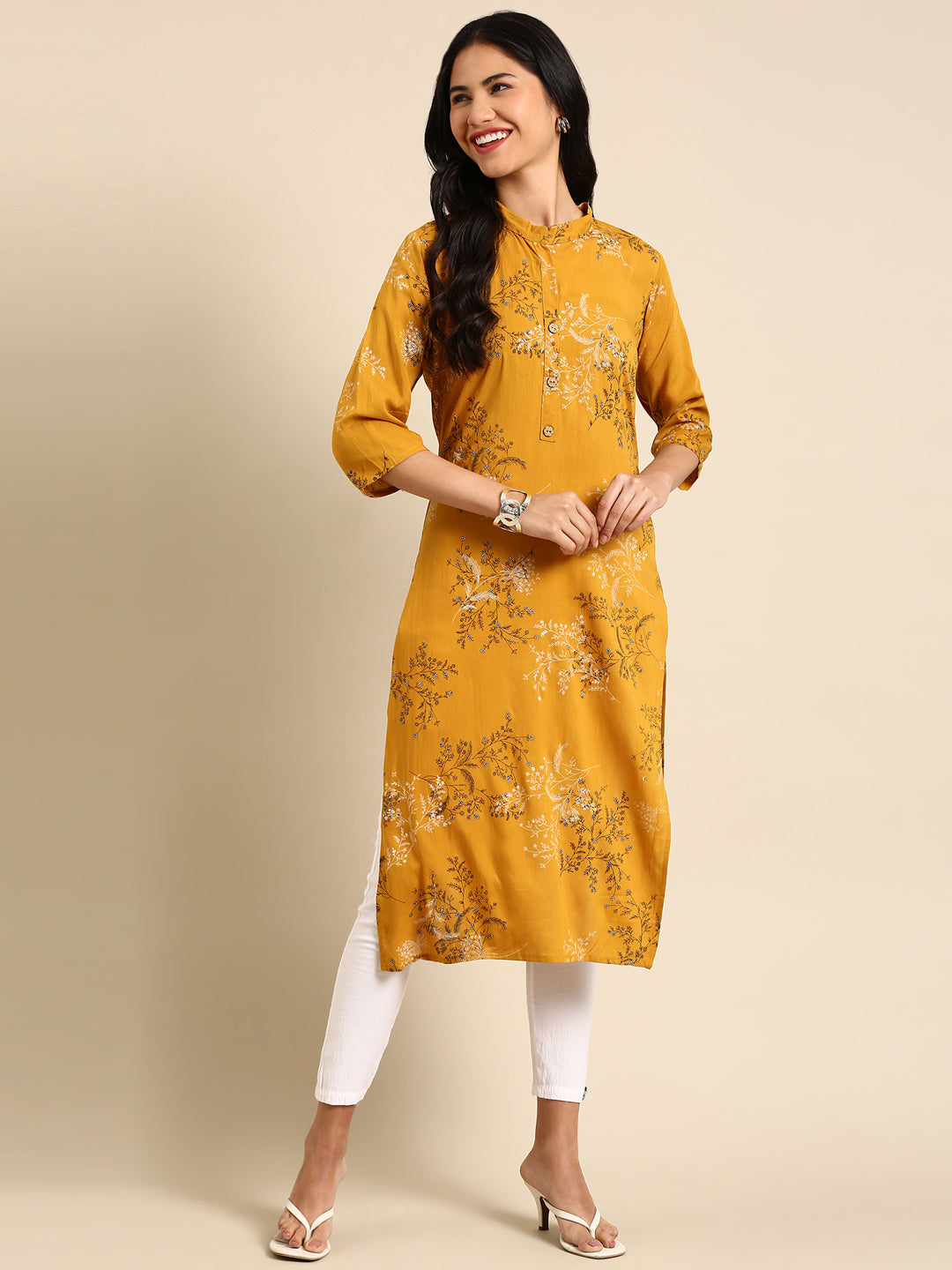 Women's Yellow Printed Straight Kurta