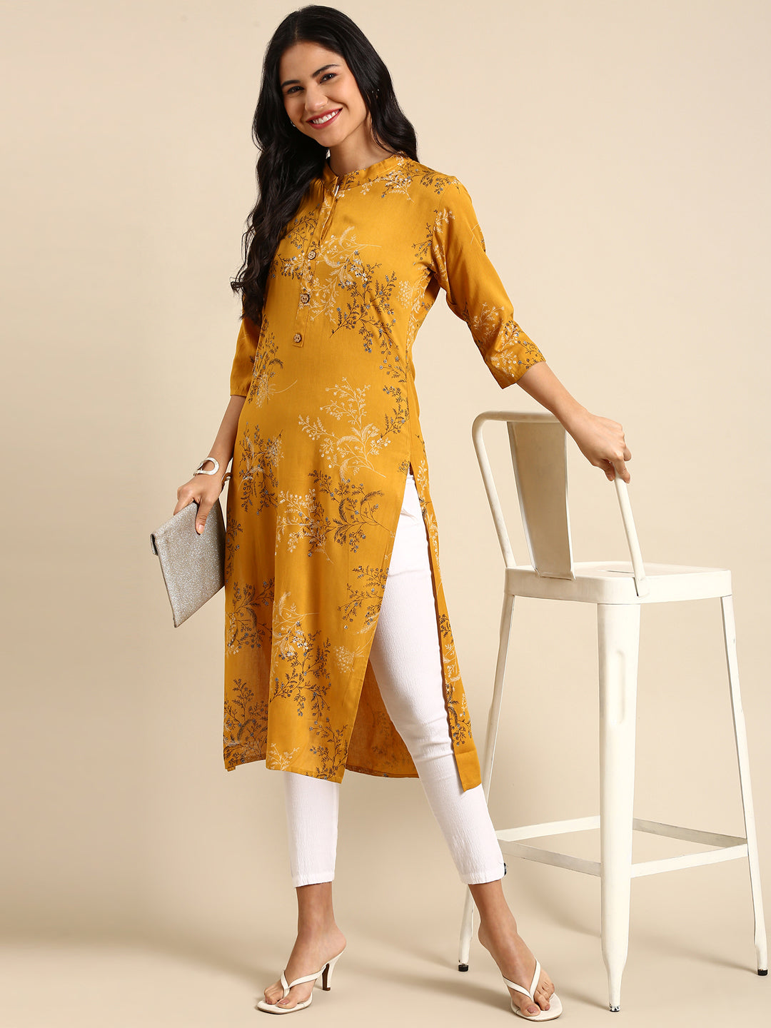 Women's Yellow Printed Straight Kurta