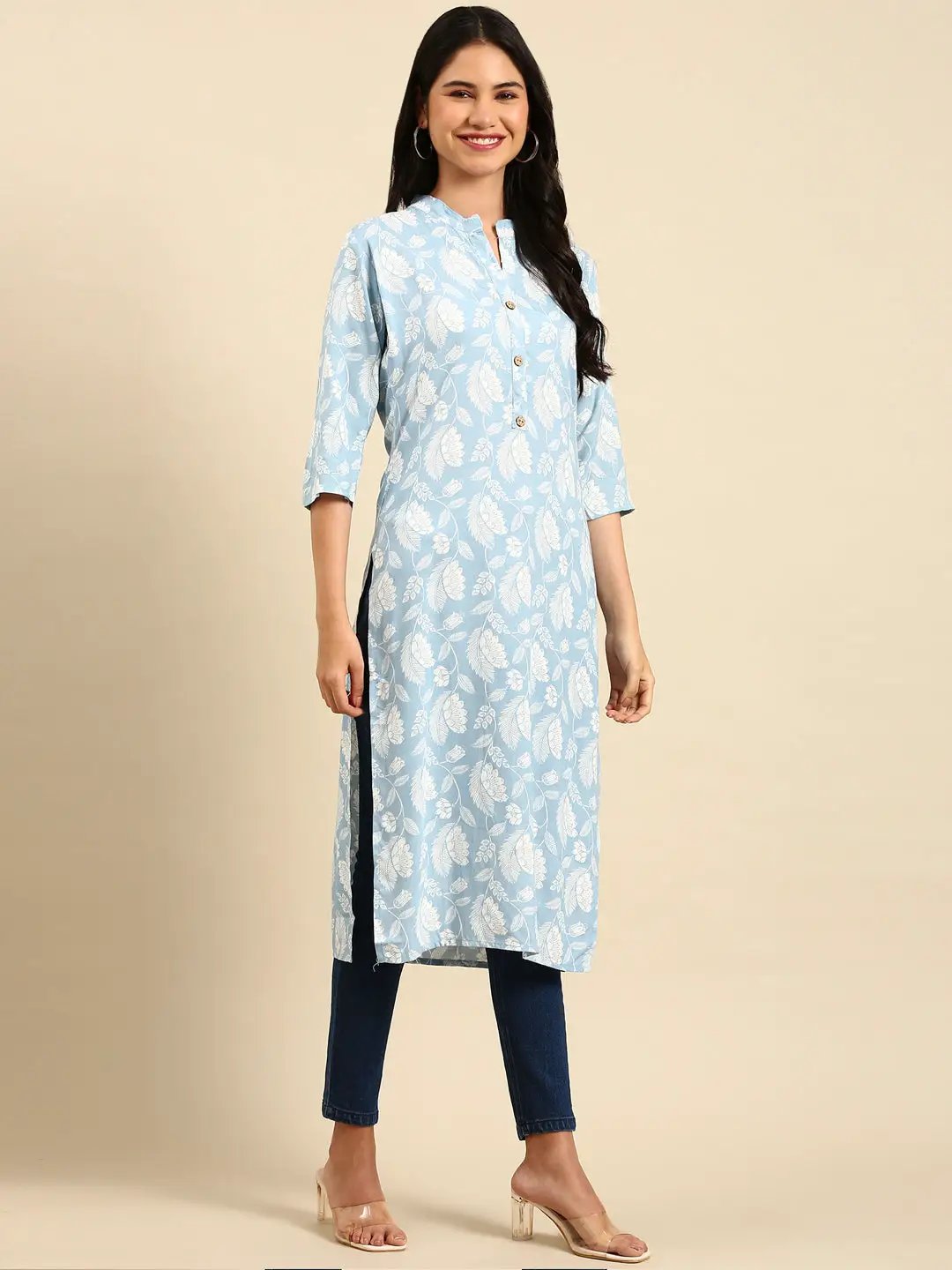 Women's Blue Printed Straight Kurta