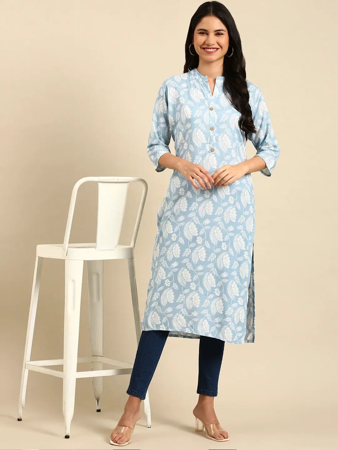 Women's Blue Printed Straight Kurta