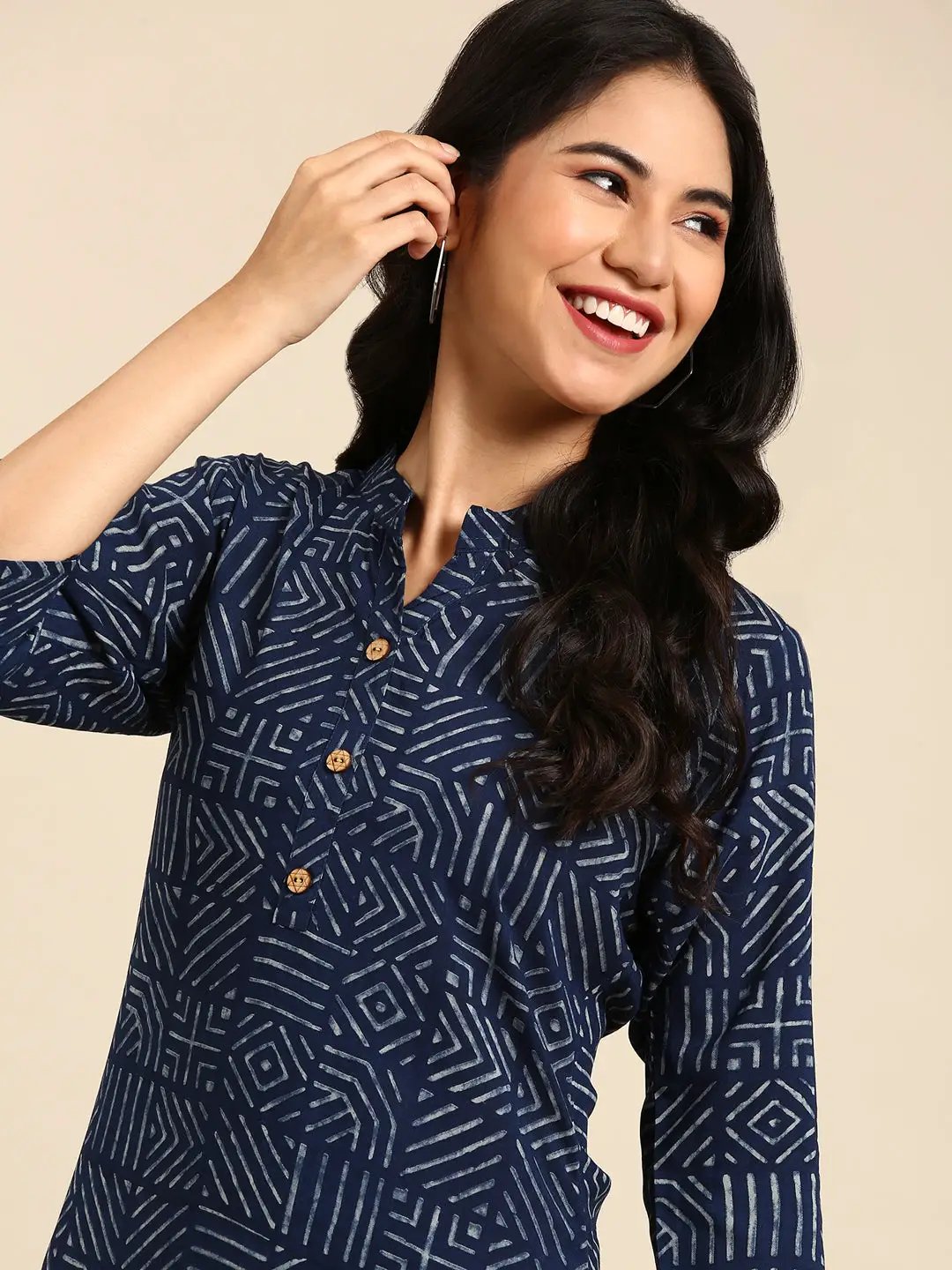 Women's Navy Blue Printed Straight Kurta