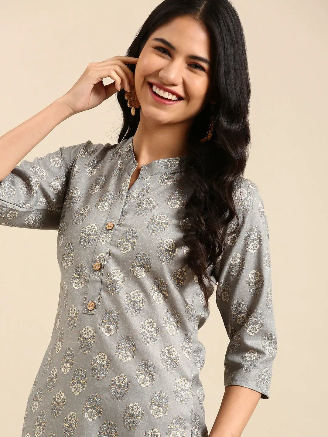 Women's Grey Printed Straight Kurta