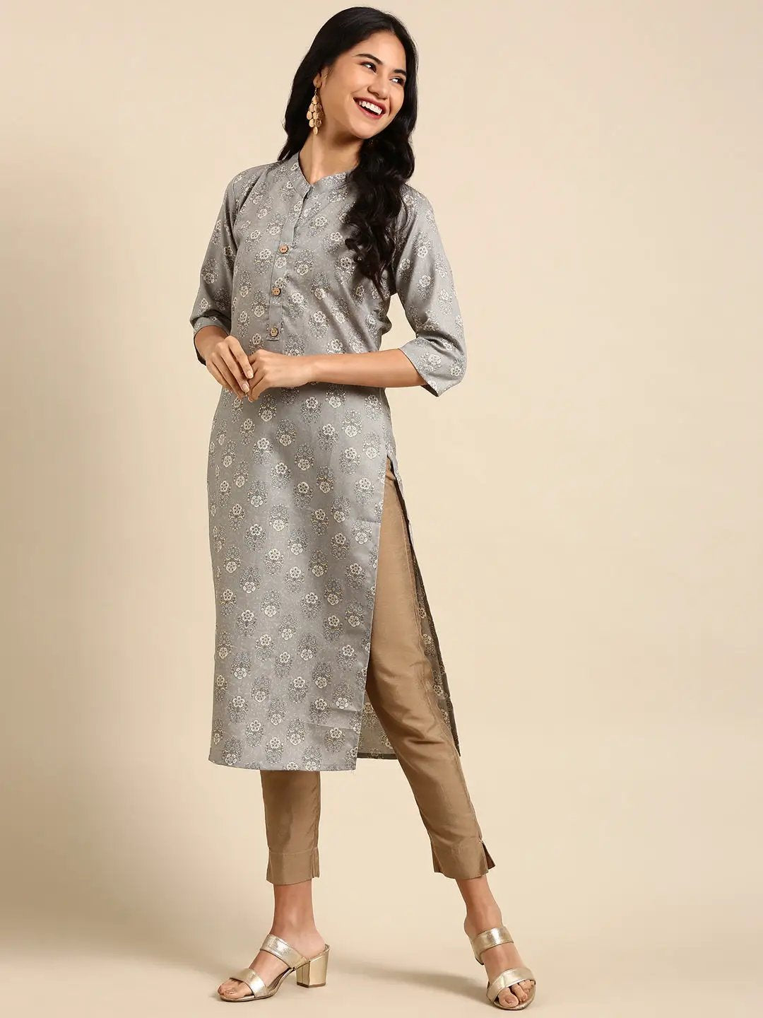 Women's Grey Printed Straight Kurta