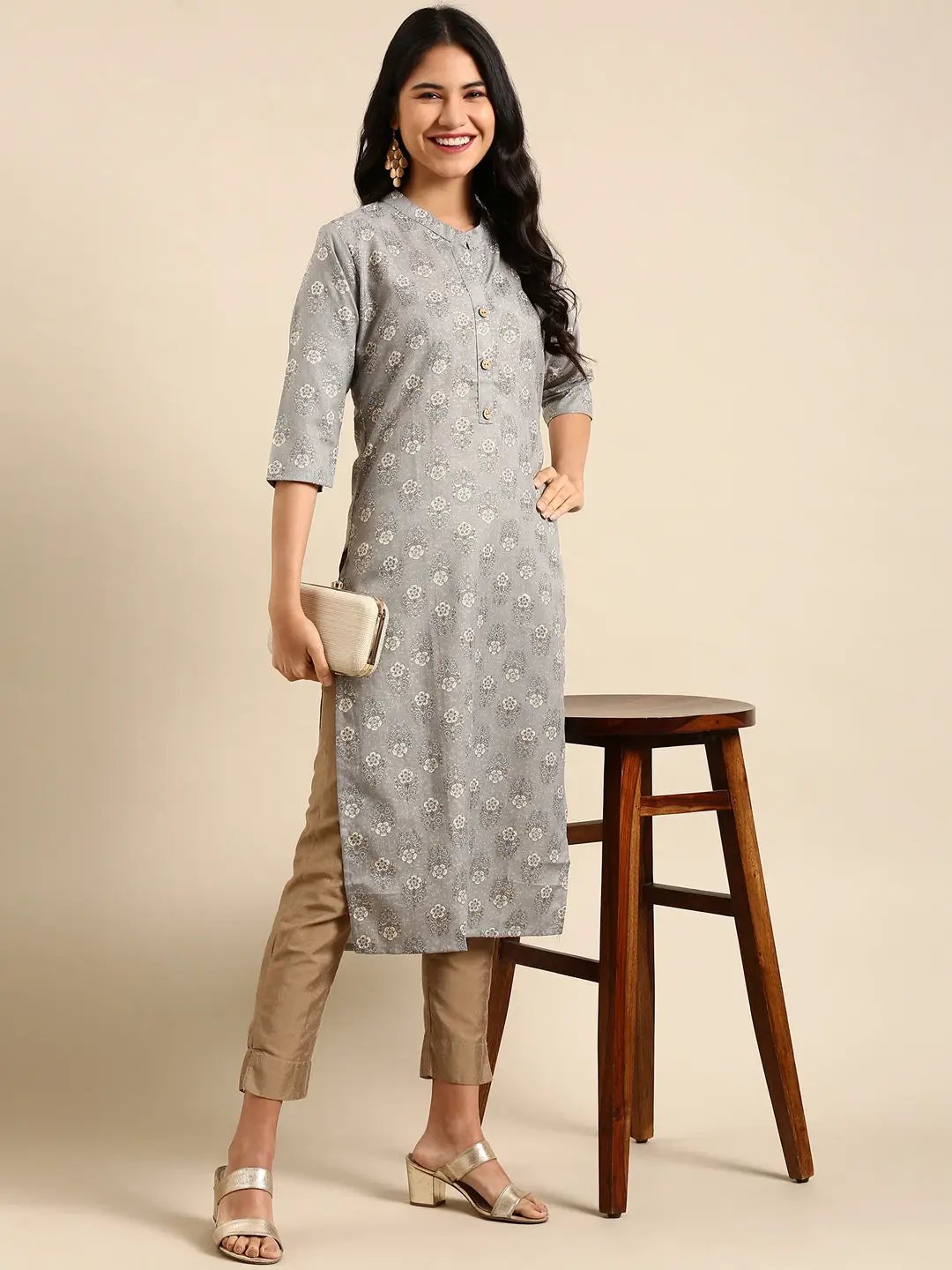 Women's Grey Printed Straight Kurta